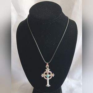 Mens Stainless Steel Silver Cross Turquoise Crack Stone Pendant Necklace